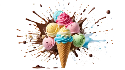 Foto auf Alu-Dibond Vibrant ice cream explosion captured on a pristine white background, perfect for your tasty projects. © All in Stock