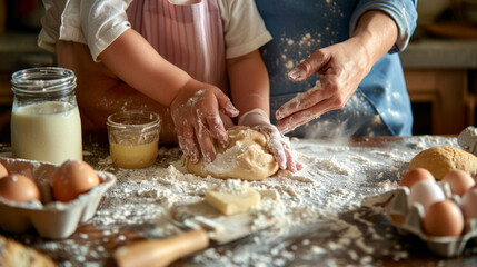 A pair of adult hands guides a child's hands in kneading dough on a flour-dusted wooden kitchen table surrounded by baking ingredients.