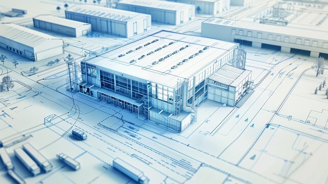Manufacturing plant architectural design in blueprint. Blue monochrome technical drawing with front perspective.