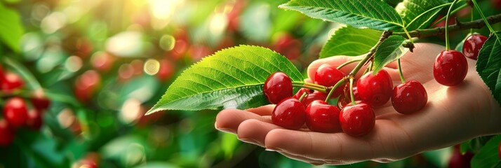 Hand holding fresh sweet cherries on blurred background with copy space for text placement