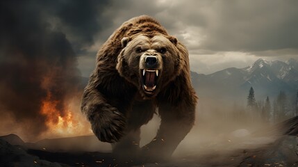 Mighty Grizzly Bear Amidst Fiery Mountain Landscape - obrazy, fototapety, plakaty