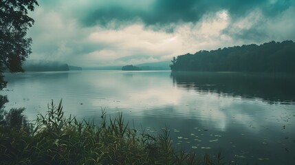 Misty Lake Surrounded by Lush Forest at Dusk with Dramatic Cloudy Sky and Serene Reflection