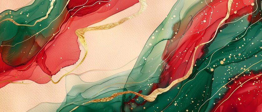 Abstract watercolor paint background illustration of red and green color and golden lines, with liquid fluid marbled paper texture banner texture.