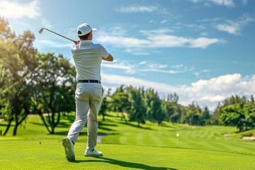 A professional man-in golfer wearing sportswear in a golf tournament on a beautiful green course.
