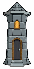 Medieval stone brick tower building. Castle gatehouse, fort, watchtower Stone building Game rpg city element. Ancient kingdom fortress. Old citadel donjon. Cartoon vector of a gray stone brick tower.