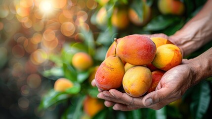 Ripe mango held in hand, selecting mangoes with copy space on blurred background