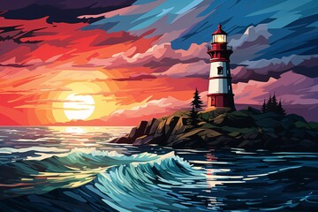 a lighthouse on a rocky island with waves