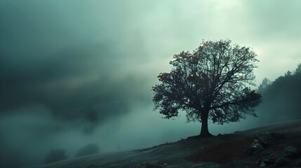 Solitary Tree Silhouette in Misty Mountainous Landscape