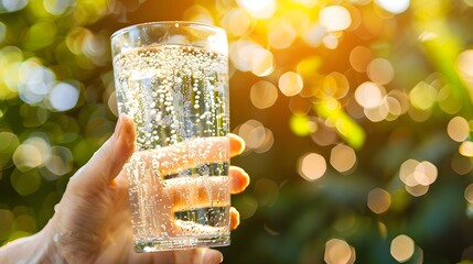 Sparkling Glass of Clear Hydrating Beverage,the Cornerstone of a Balanced Wellness Lifestyle - obrazy, fototapety, plakaty