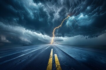 Storm Clouds Unleash Powerful Lightning Strike Over Rain-Drenched Asphalt Road Amidst Dramatic Atmospheric Conditions - obrazy, fototapety, plakaty