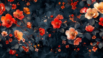 Bold and trendy floral vine wallpaper with chic colors on a dark backdrop, perfect for modern interiors