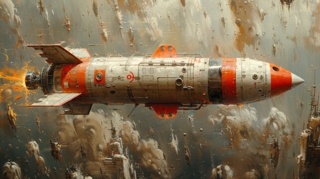 A rocket space ship in mixed media.