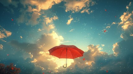 The umbrella is in color against the sky. Mixed media. - obrazy, fototapety, plakaty