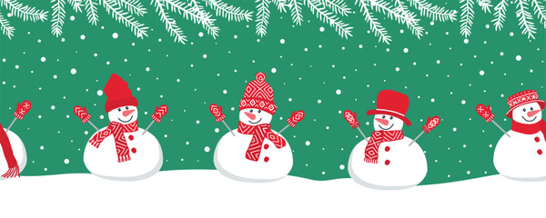 Cute snowmen have fun in winter holidays. Seamless border. Christmas background. Different snowmen in red winter clothes under fir trees branches. Template for a greeting card. Vector illustration