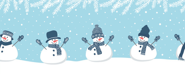Cute snowmen have fun in winter holidays. Seamless border. Christmas background. Different snowmen in blue winter clothes under spruce branches. Template for a greeting card. Vector illustration