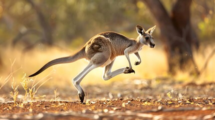 Agile kangaroo bounding effortlessly across the Australian outback - obrazy, fototapety, plakaty
