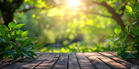 Rustic Wooden Deck View with Lush Green Foliage and Dappled Sunlight - A Tranquil Setting for Eco-Friendly Product Showcases and Nature-Themed Backgrounds