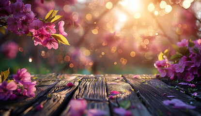 Sunset Serenade: Vivid Pink Spring Blossoms Over Rustic Wooden Table with Golden Hour Glow - obrazy, fototapety, plakaty