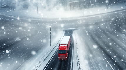 Red truck driving from under the bridge on a highway, on a winter day during snowstorm. Long-distance transportation, haulage, delivery in cold climate. High angle, top view.