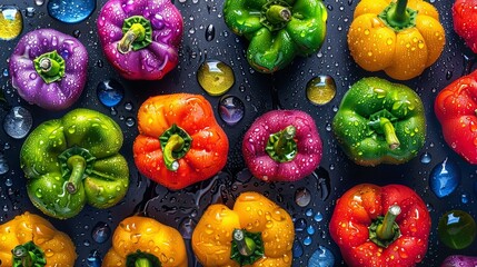 colorful bell peppers with vibrant colors and fresh water droplets on a dark background - obrazy, fototapety, plakaty