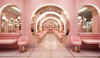 a Japanese minimalism-inspired pink hair salon with mirrored accents, incorporating symmetrical and rounded design elements