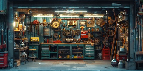 Organized chaos in an old-school workshop full of mechanical relics - obrazy, fototapety, plakaty