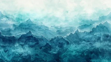Foto op Canvas Abstract digital art depicting a surreal turquoise seascape with dynamic waves and ethereal clouds, creating a serene atmosphere.  © Davin