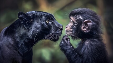 Panther and monkey in jungle  a moment of mutual respect and curiosity under dappled sunlight © Ilja