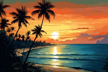 a sunset over a beach - obrazy, fototapety, plakaty