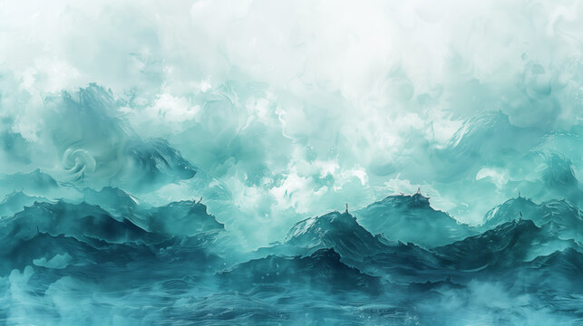 Abstract digital art depicting a surreal turquoise seascape with dynamic waves and ethereal clouds, creating a serene atmosphere.
