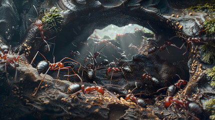 An ant colony bustling with activity underground - obrazy, fototapety, plakaty