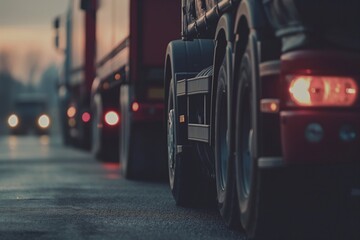 Parked trucks in front and side view in the road closeup, big trucks closeup, parked trucks in the...