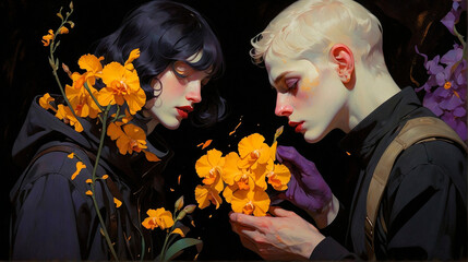 Exotic Floral Discovery Taciturn Figures Amidst Vibrant Marigolds, Orchids, and Iris