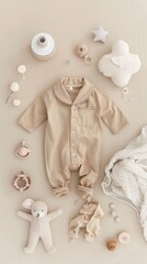 Flat lay with newborn baby beige sleep accessories with pacifier over beige background, pastel colors, pajamas and toys, template copy space in center. Content for products for children. Vertical