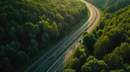 Aerial view of asphalt road with cars through green forest woods and mountain