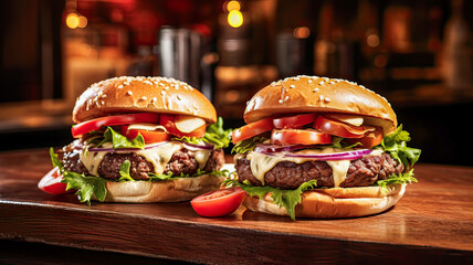 Colossal burgers, loaded with succulent beef, cheese, lettuce, tomato, onion, in lively bar. - obrazy, fototapety, plakaty