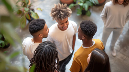 Group of smiling mixed-race young people talking, with one guy standing alone aside. Multicultural friends or students having a conversation. Diversity concept.