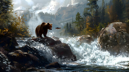 Bear catching salmon in a rushing river