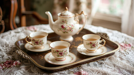 Fototapeta premium Vintage tea set on a wooden tray.