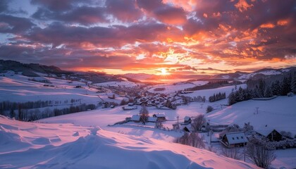 Majestic winter sunrise over snowy village