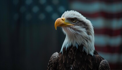 Majestic bald eagle before us flag