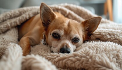 Pensive small dog relaxing on cozy blanket