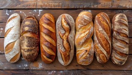 Assortment of artisan bread on wooden surface