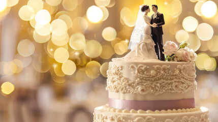 A tiered wedding cake with an elegant couple topper stands highlighted against a bokeh light background.