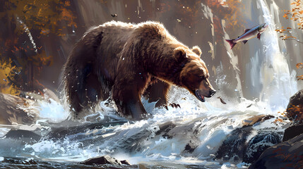 Bear catching salmon in a rushing river - obrazy, fototapety, plakaty