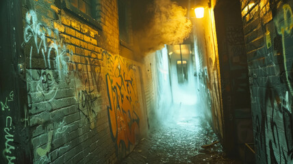 An alley with graffiti at night