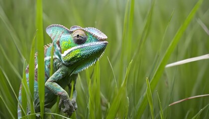 A Chameleon With Its Body Hidden Among Tall Grass - obrazy, fototapety, plakaty