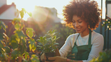 A smiling person tends to plants in a sunlit garden. - obrazy, fototapety, plakaty