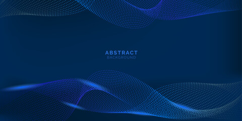Point flowing particle abstract background with curve wave pattern concept of digital futuristic technology vector illustrations. Dark blue wavy background.