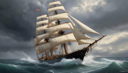 A Hyperrealistic Painting Of A Classic Sailing Shi - obrazy, fototapety, plakaty